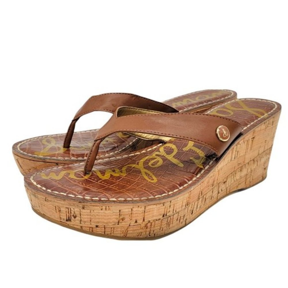 Sam Edelman Cognac Brown Romy Cork Wedge Thong Sandals Size 9 - Picture 2 of 8